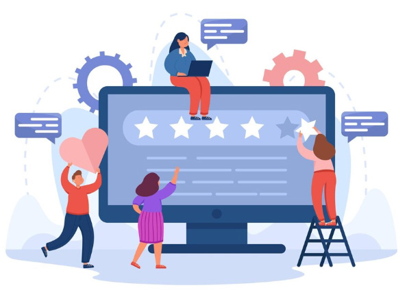 A graphic representing positive brand reputation with star ratings and checkmarks.